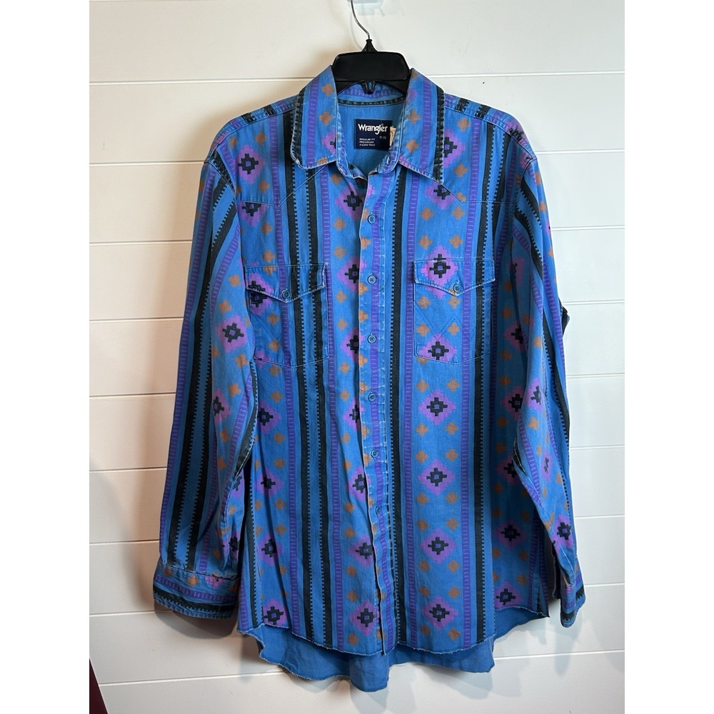 VTG Wrangler Brushpopper Blue Aztec Rodeo Cowboy Western Southwest Men's 17-35